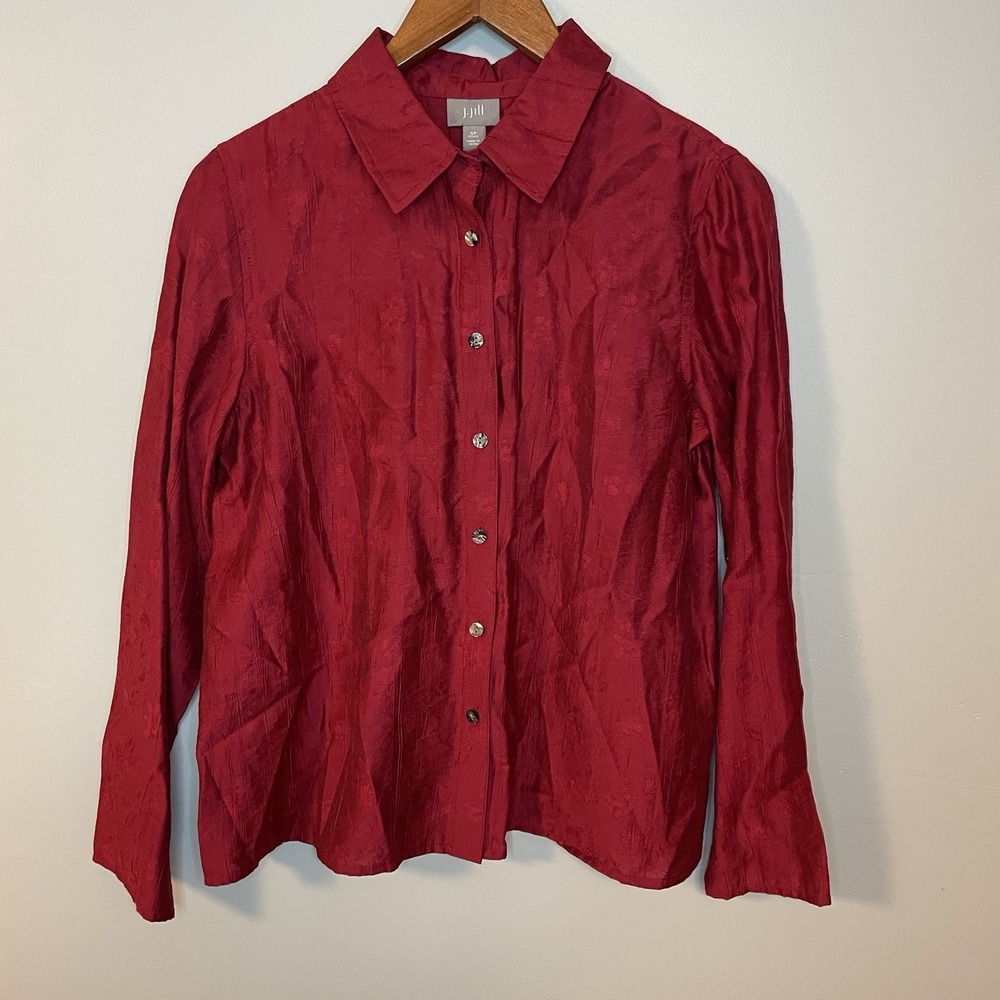 J. Jill‎ Red Floral Shimmer Long Sleeve Button Front Shirt Petite sz Sp